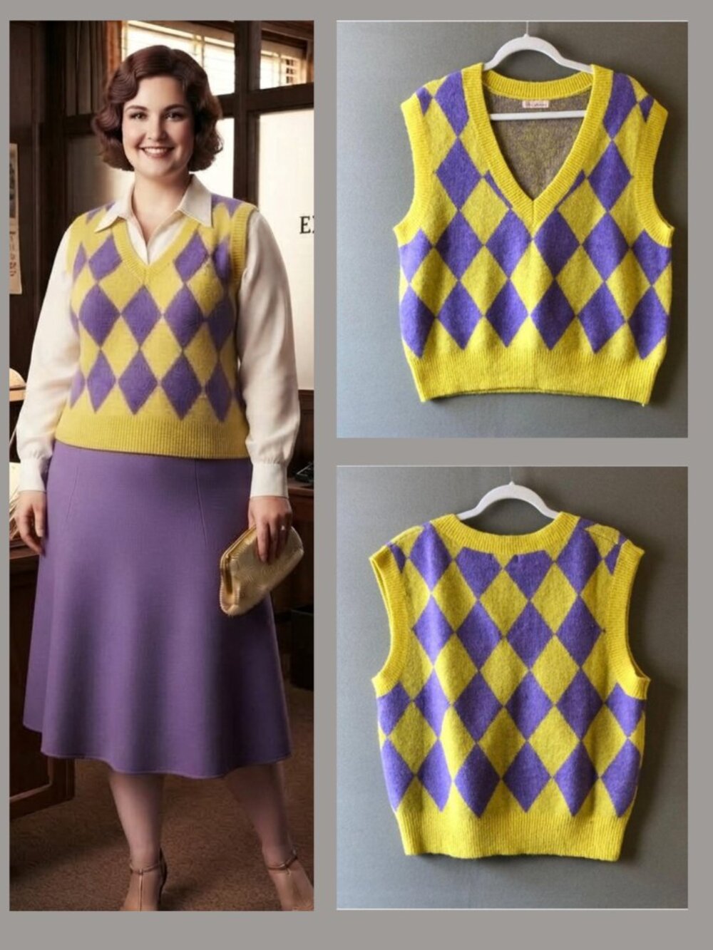 Retro 60's Style Yellow purple Checkered vest Bust 40"